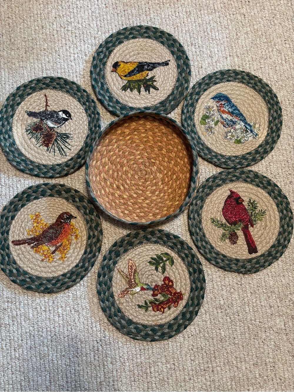 Braided Jute 10” Bird Trivet Set with Basket